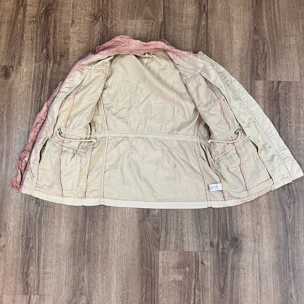 FREE PEOPLE Rose Pink Double Cloth Military Jacket Pockets Cinch Tie Waist Sz XS - Picture 12 of 15
